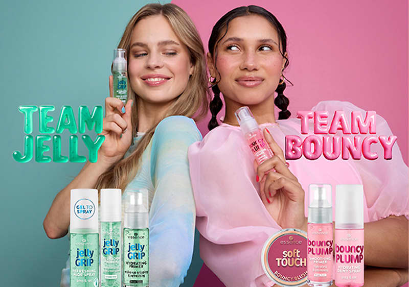 Козметични продукти Jelly Grip и Bouncy Plump на цветен фон