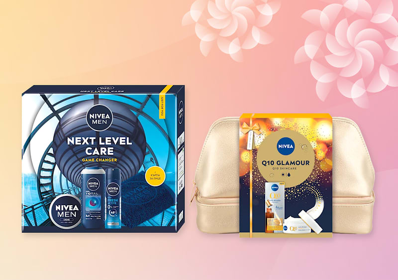 Козметични комплекти Nivea за мъже и жени на цветен фон