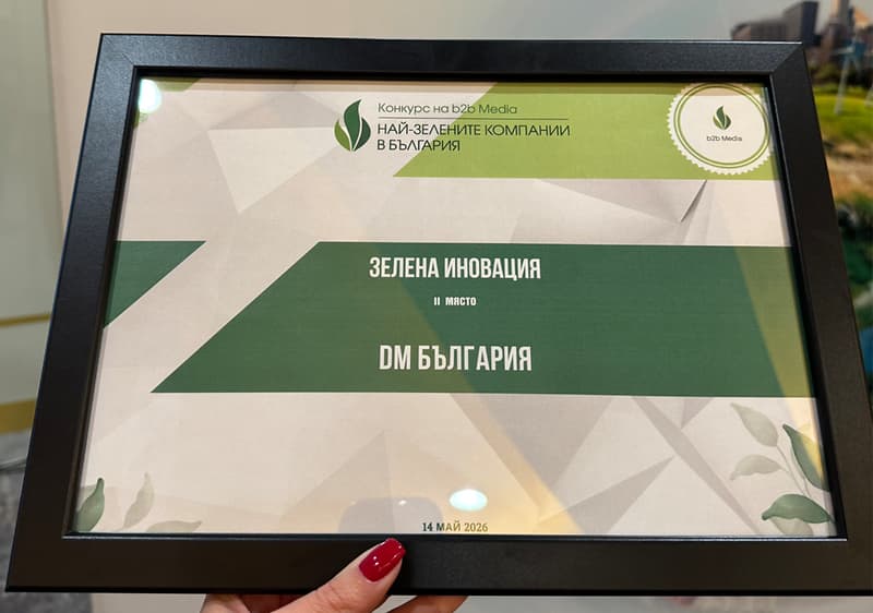 Зелена иновация плакет за DM България с рамка и зелени декоративни елементи