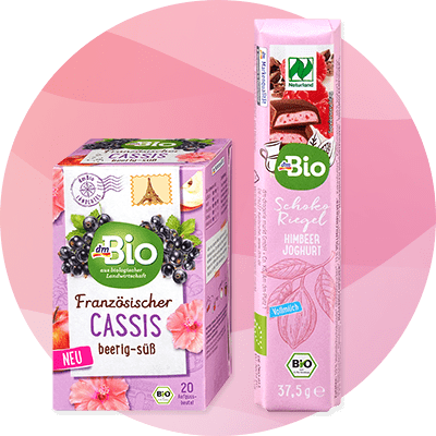 dmBio čaj francuski cassis i malina jogurt pločica u ružičastom dizajnu