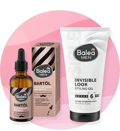 Gel za kosu Invisible Look i ulje za bradu Balea Men na ružičastoj pozadini