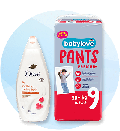 Pakovanje Babylove Pants premijum pelena veličine 9 pored bočice Dove kupke