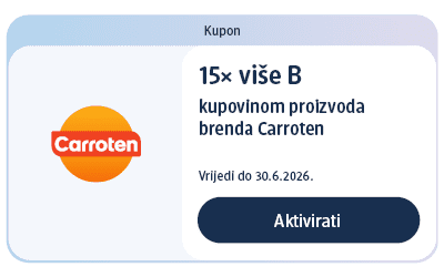 Kupon s logotipom Carroten i tekstom o 15x više bodova pri kupovini proizvoda brenda Carroten