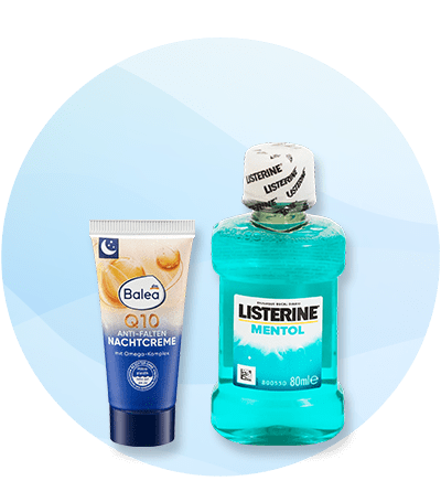 Sredstva za njegu boca kreme Balea i vodica za ispiranje usta Listerine