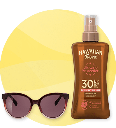 Zaštita od sunca SPF 30 sprej i sunčane naočale ispred žutog kruga