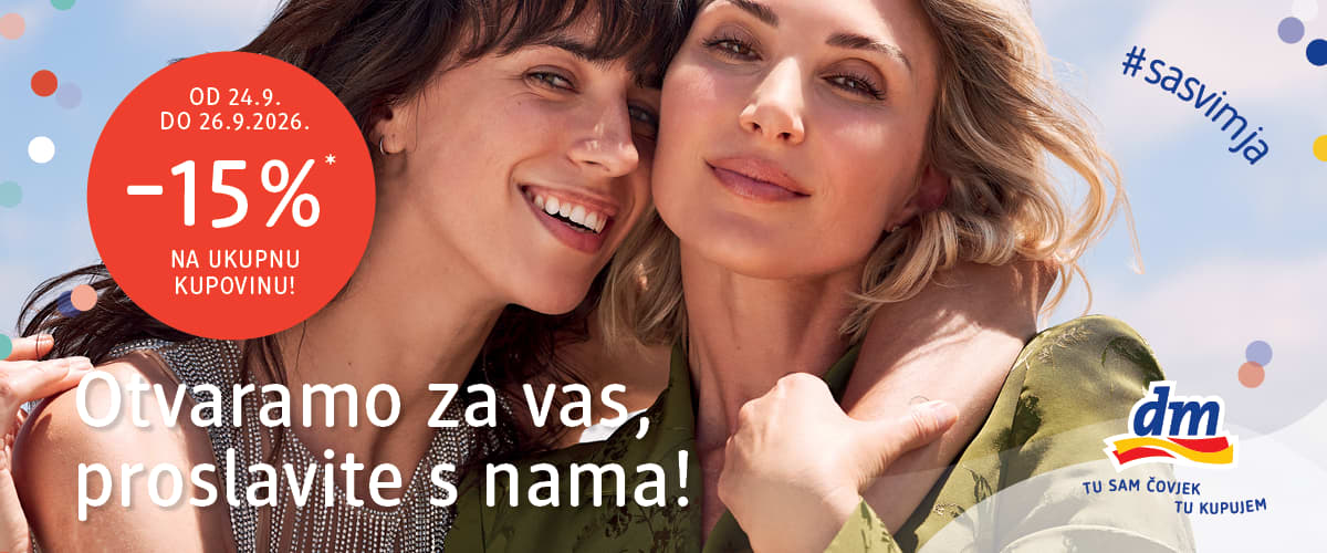 Dvije nasmiješene žene u zagrljaju uz natpis popust -15% na ukupnu kupovinu