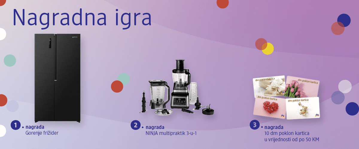 Nagradna igra s crnim Gorenje frižiderom, NINJA multipraktikom i poklon karticama na ljubičastoj pozadini