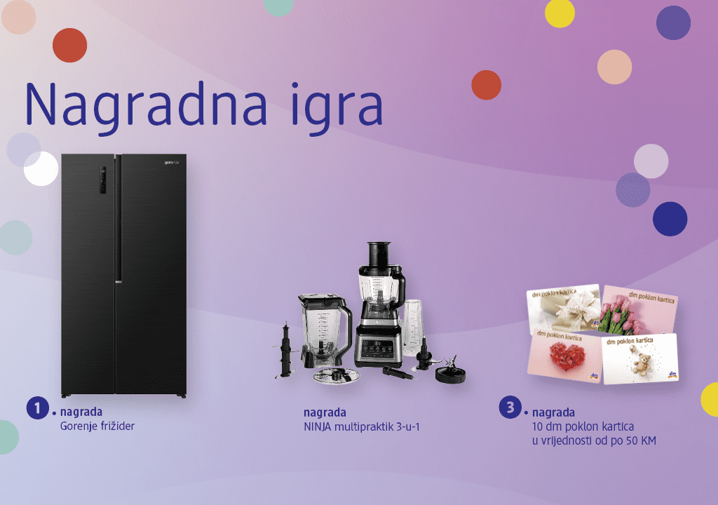 Nagradna igra s crnim Gorenje frižiderom, NINJA multipraktikom i poklon karticama na ljubičastoj pozadini