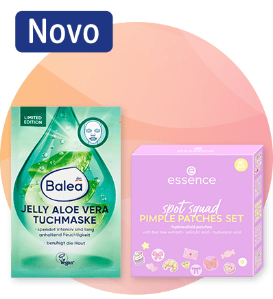 Pakovanje Balea Jelly Aloe Vera tušmaske i Essence Spot Squad pimple patches set na pastelnom krugu