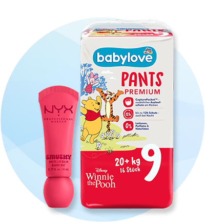 Pelene Babylove Pants premium s motivom Winnie the Pooh pored ružičastog NYX balzama