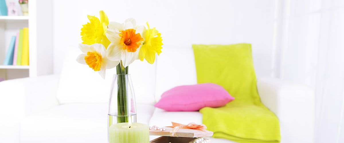 Bijeli dnevni boravak sa šarenim cvijećem, jastucima i dekom