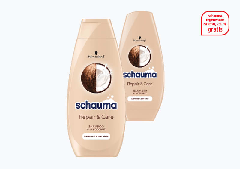 schauma Repair & Care šampon s kokosom u bež bočicama