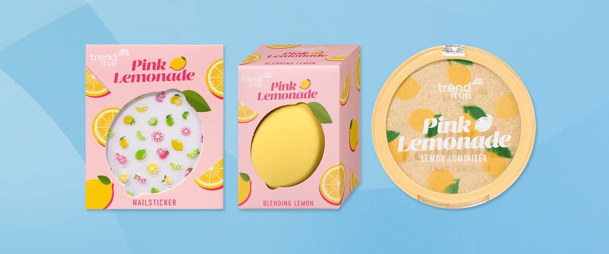 Alt-tekst: Pink Lemonade kozmetika: naljepnice za nokte, spužvica i iluminator