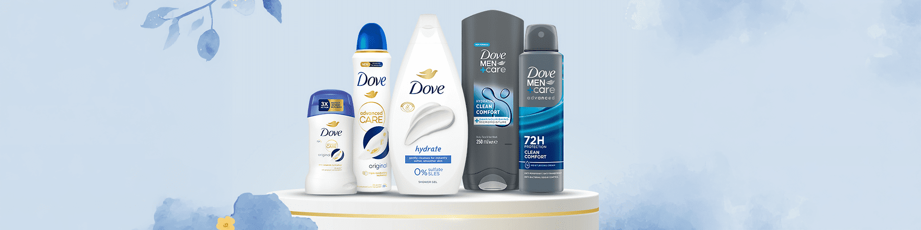 Proizvodi brenda Dove na cvjetnoj podlozi