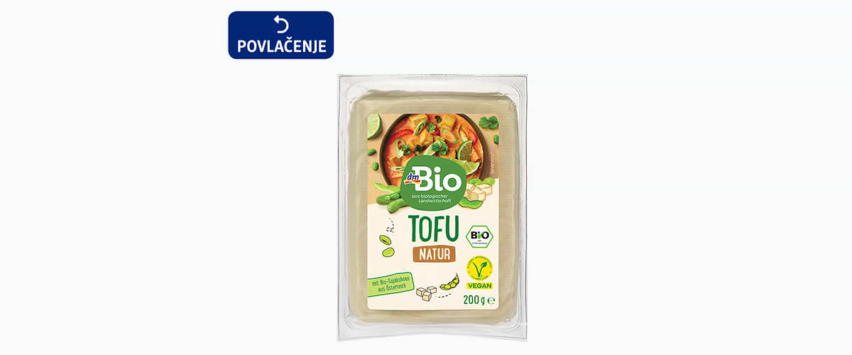 Proizvod „dmBio tofu, Natur, 200 g“ koji dm povlači iz predostrožnosti