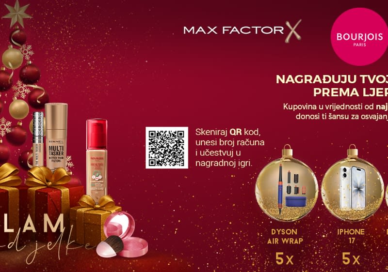Kupovina jednog ili više proizvoda brendova MAX FACTOR, BOURJOIS PARIS ili RIMMEL LONDON u iznosu od najmanje 20 KM donosi vam šansu za osvajanje nagrada!