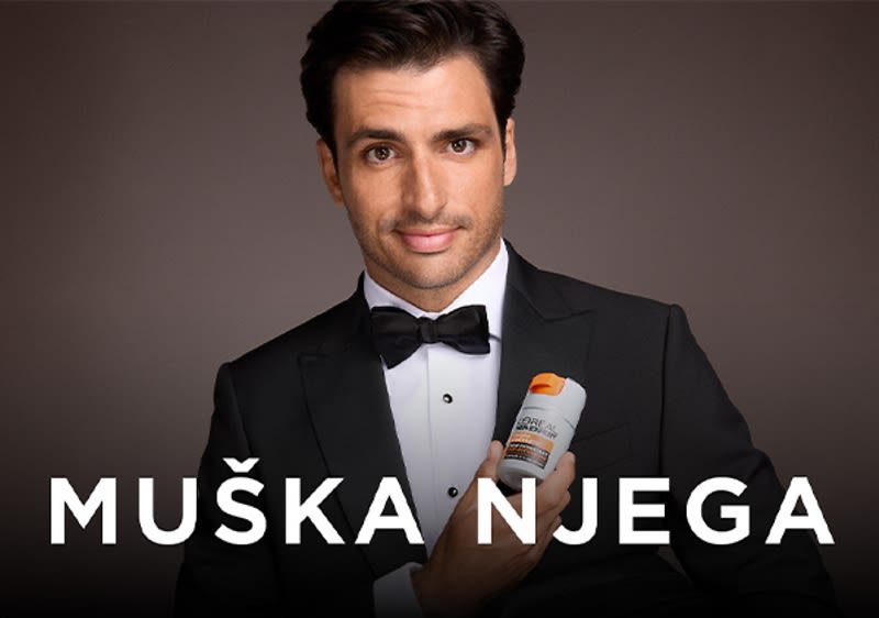 Muškarac u odijelu proizvod za njegu lica brenda L'ORÉAL PARiS i natpis MUŠKA NJEGA