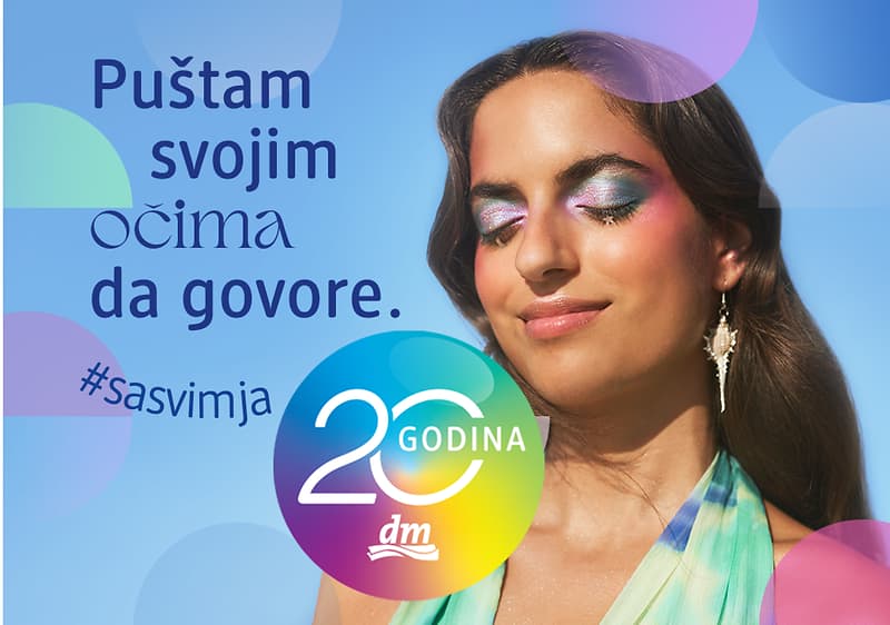 Plakat s natpisom i logotipom za 20 godina dm-a