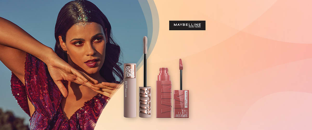 Maskara i ruž u pastelnoj reklami s logotipom Maybelline