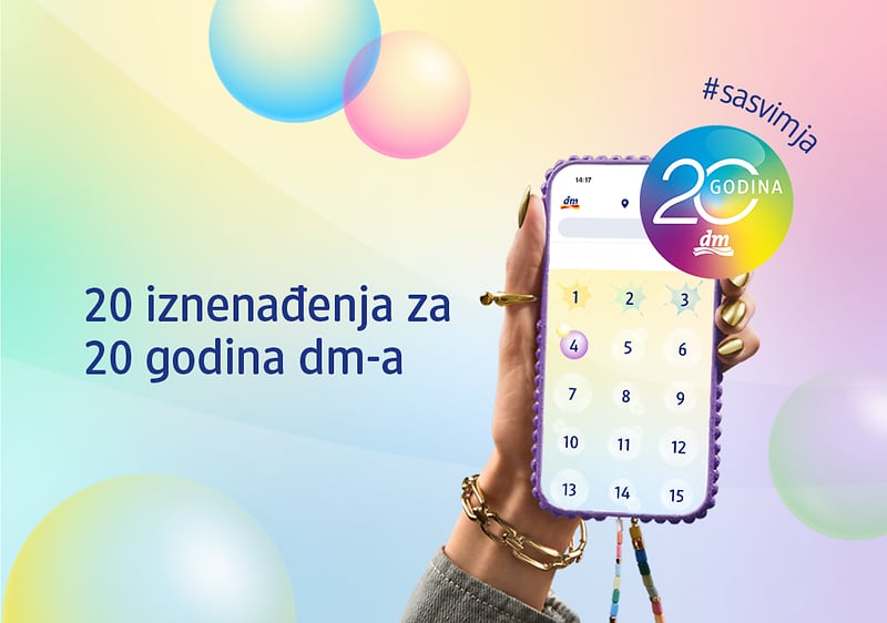 20 iznenađenja za 20 godina dm-a prikaz na mobitelu u ženskoj ruci