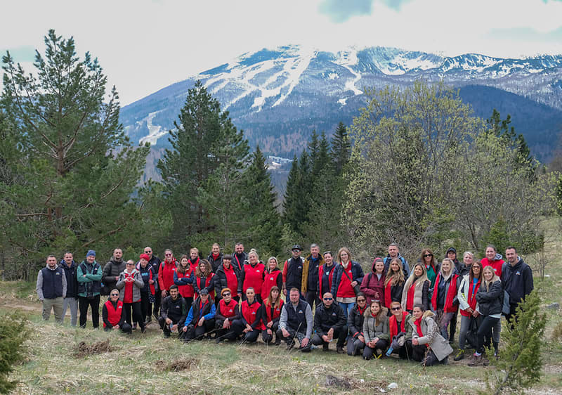 Grupa planinara ispred sniježnih planina i borova