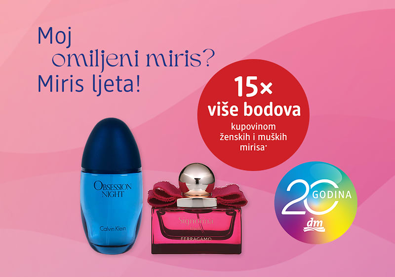 Dvije bočice parfema na ružičastoj podlozi s tekstom i logotipom dm, promocija mirisa