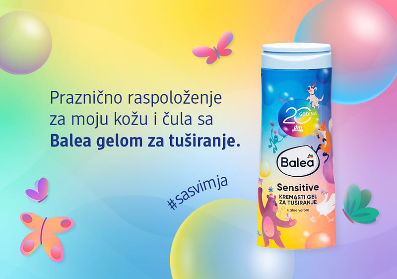 Balea gel za tuširanje na šarolikoj svijetloj pozadini s leptirima
