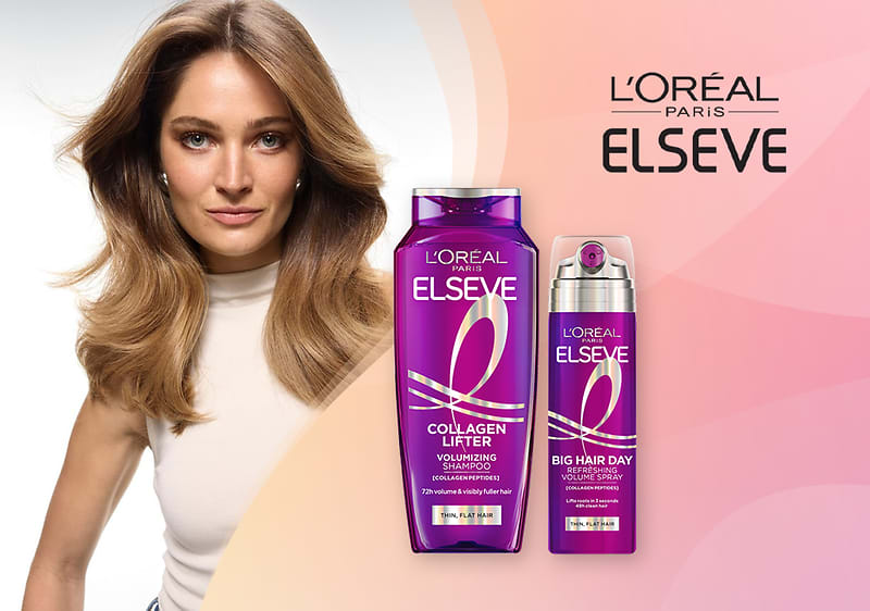 L'Oreal Elseve proizvodi šampon i sprej uz model s dugom svjetlom kosom