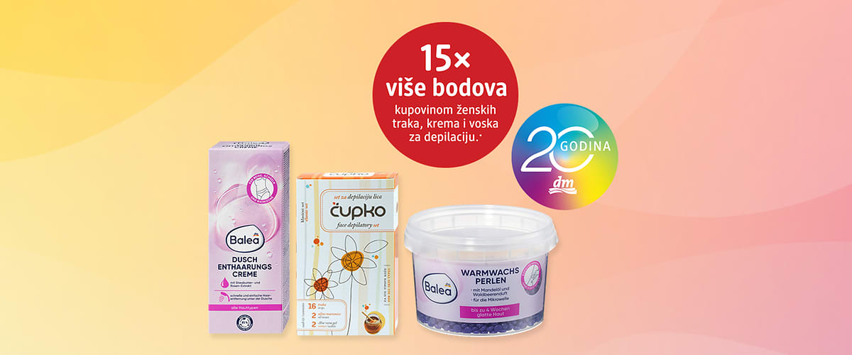 Depilacija proizvodi Balea kutija traka, krema i posuda voska na rozoj pozadini