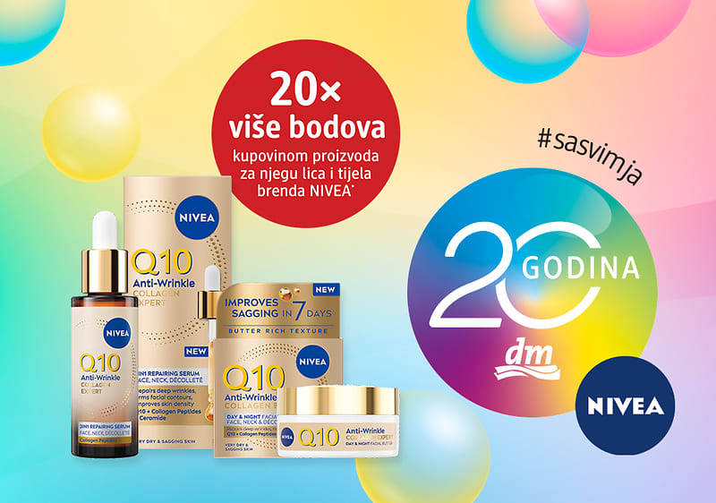 NIVEA Q10 anti-age proizvodi na šarenoj pozadini s natpisom 20x više bodova i 20 godina dm-a