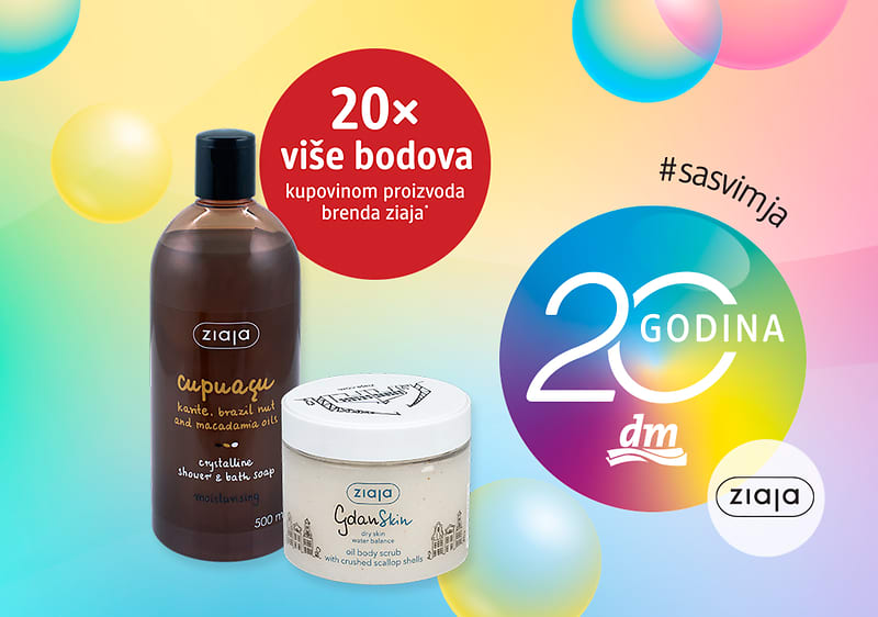 Promocija Ziaja proizvoda s kupkom i kremom te natpisom 20 godina i 20x više bodova