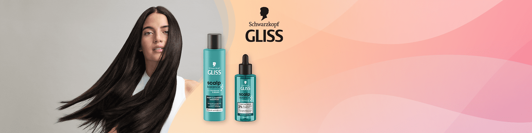 Šampon i serum Gliss scalp balance pored žene s dugom tamnom kosom