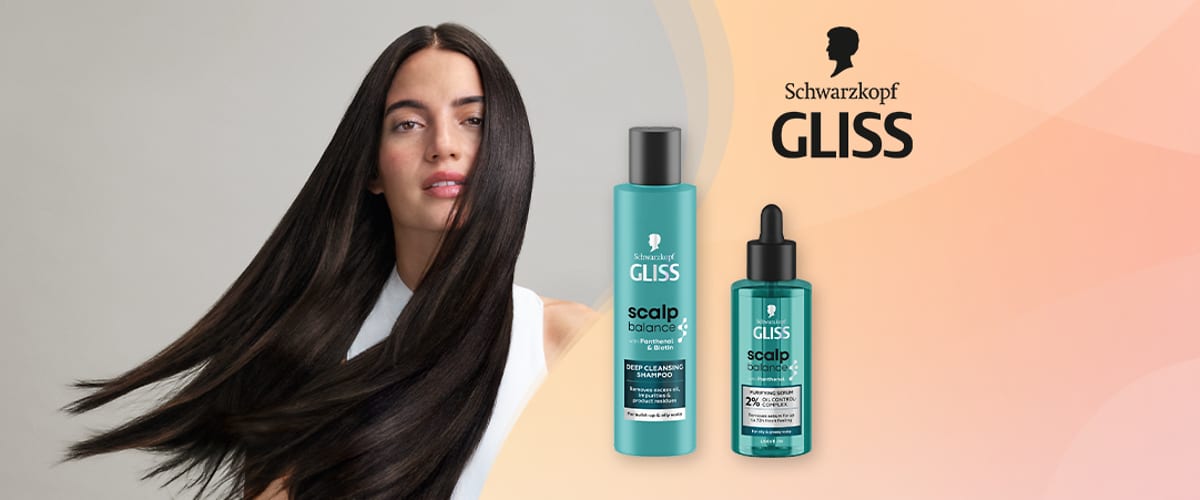 Šampon i serum Gliss scalp balance pored žene s dugom tamnom kosom