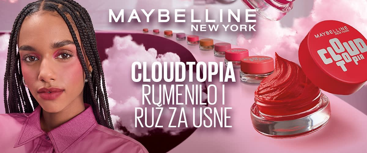Rumenilo i ruž Cloudtopia u staklenim posudicama uz ženu u ružičastoj košulji
