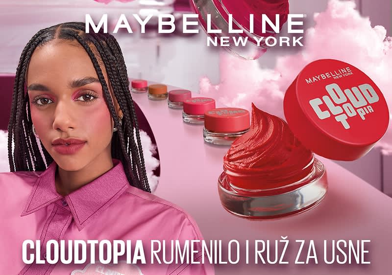 Rumenilo i ruž Cloudtopia u staklenim posudicama uz ženu u rozom