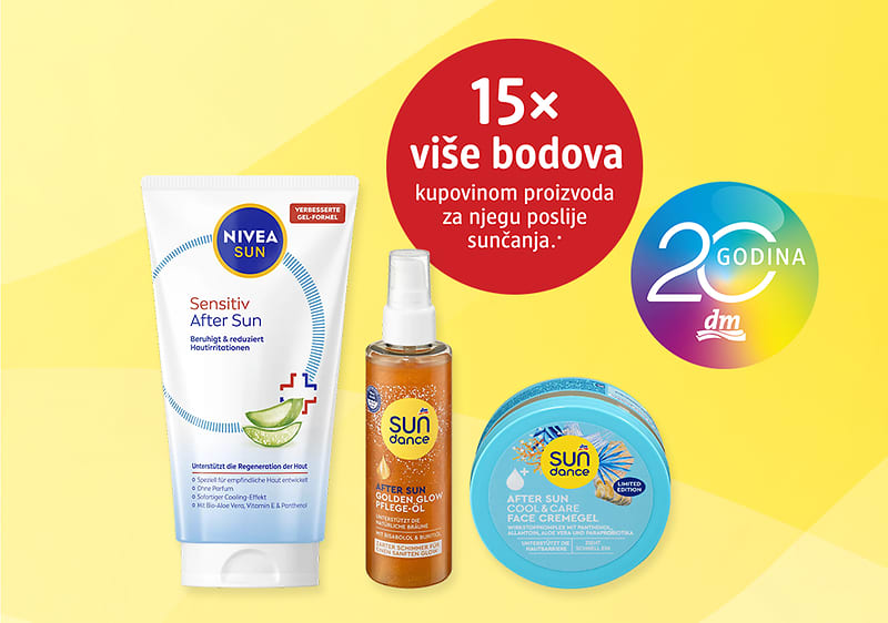 After sun proizvodi Nivea i SUNDANCE na žutoj pozadini s promotivnim krugom