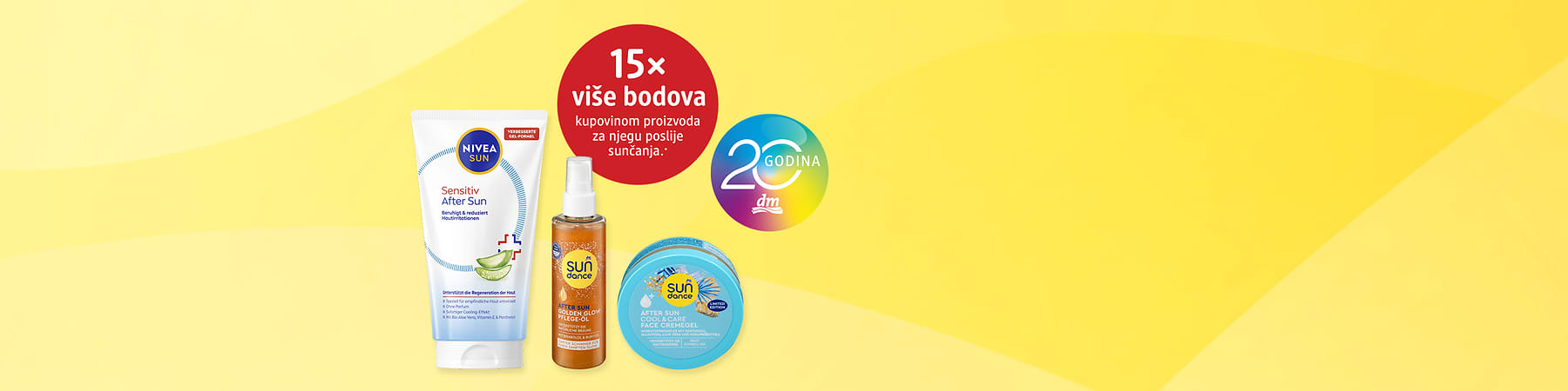 After sun proizvodi Nivea i SUNDANCE na žutoj pozadini s promotivnim krugom