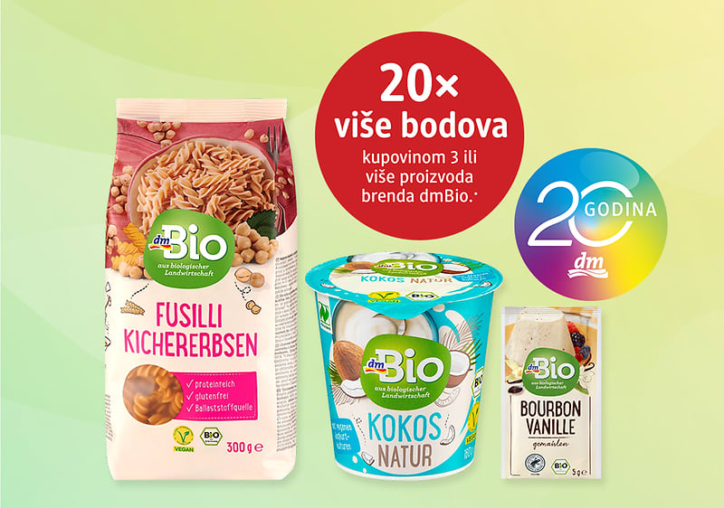 dmBio proizvodi: tjestenina, kokos jogurt i vanilija u promotivnom prikazu