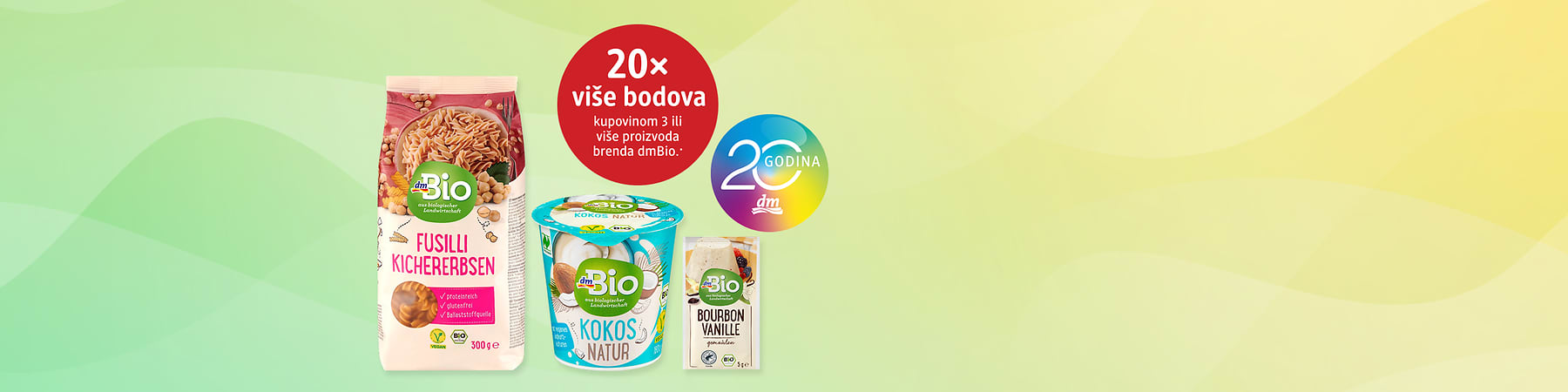dmBio proizvodi: tjestenina, kokos jogurt i vanilija u promotivnom prikazu
