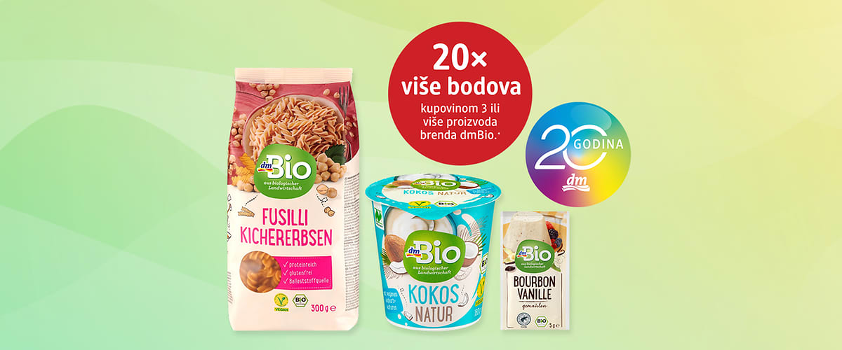 dmBio proizvodi: tjestenina, kokos jogurt i vanilija u promotivnom prikazu