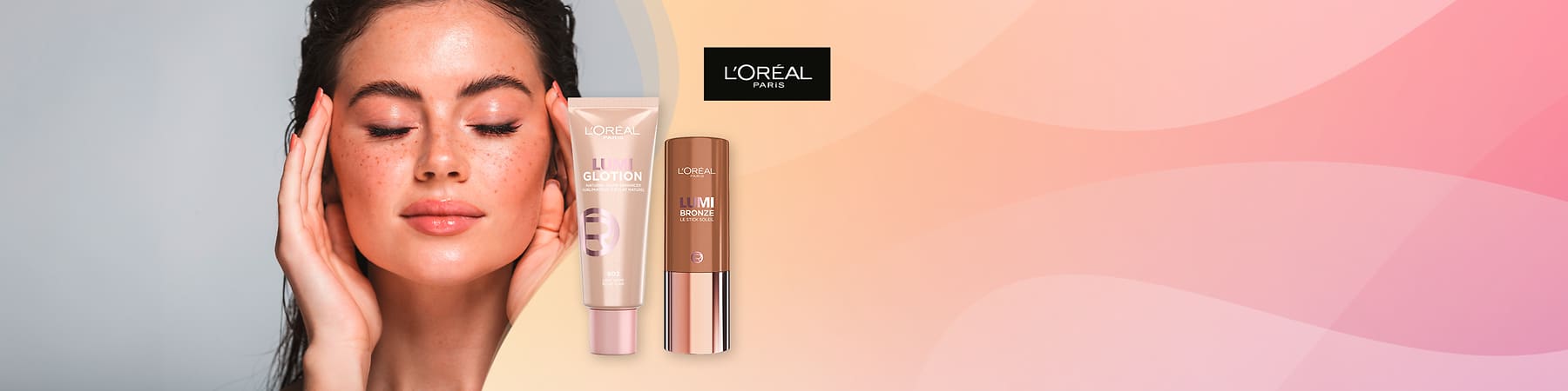 Kozmetika L'Oréal prikazana s ženskim licem i proizvodima Lumi Glotion i Lumi Bronze