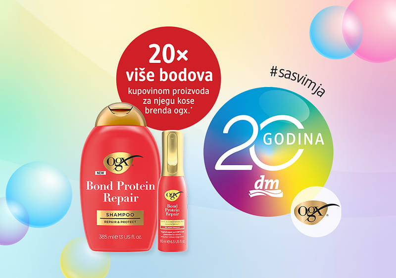 Proizvod za kosu OGX Bond Protein Repair šampon i serum s promotivnim natpisom 20x više bodova