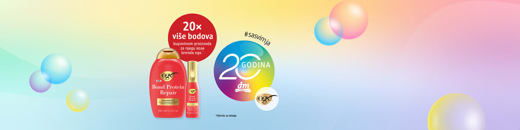 Proizvod za kosu OGX Bond Protein Repair šampon i serum s promotivnim natpisom 20x više bodova