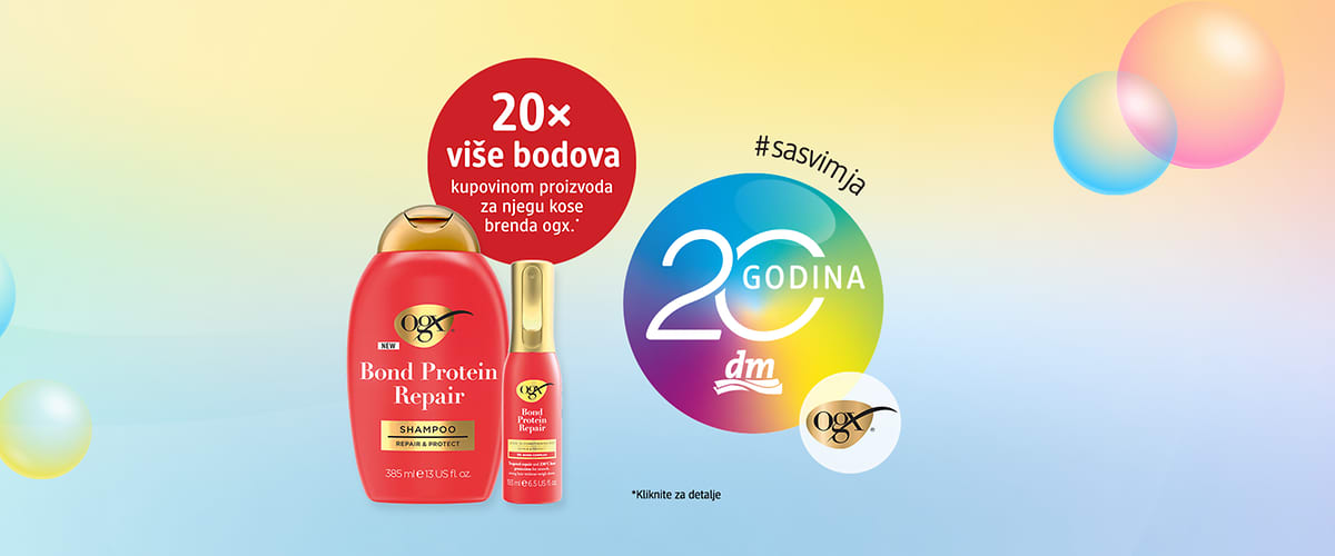 Proizvod za kosu OGX Bond Protein Repair šampon i serum s promotivnim natpisom 20x više bodova