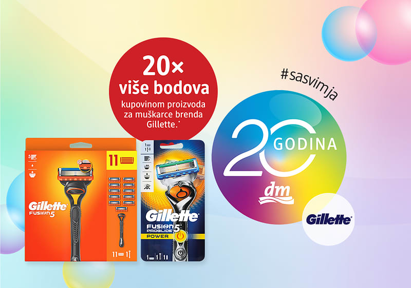 Gillette pakovanja britvica i oštrica uz 20 godina dm logo