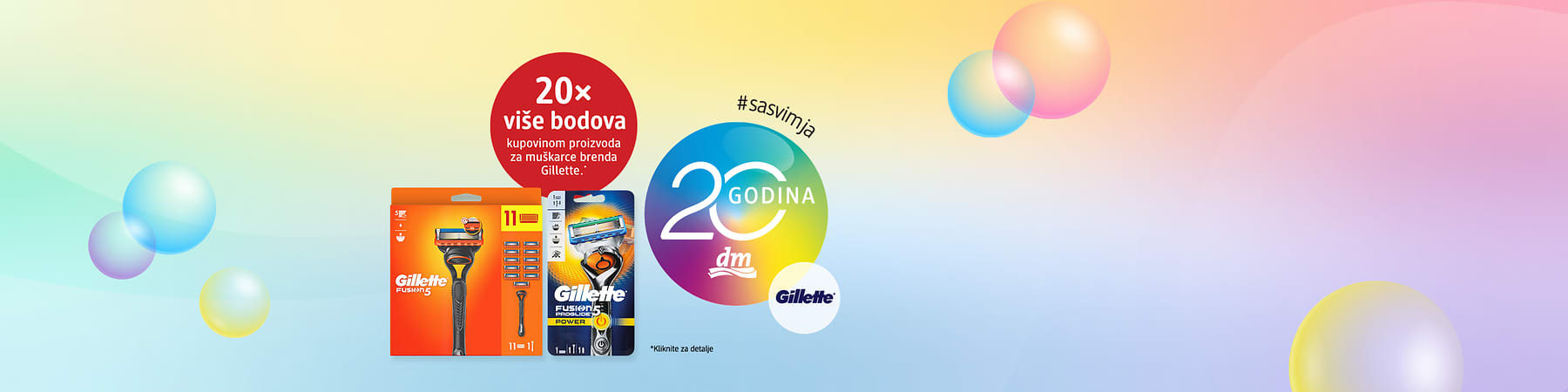 Gillette pakovanja britvica i oštrica uz 20 godina dm logo