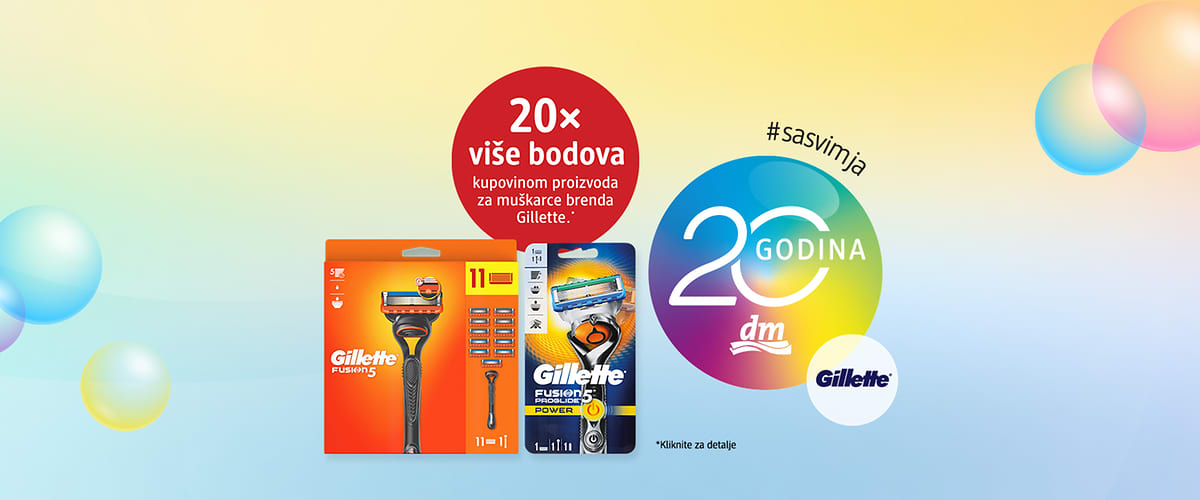 Gillette pakovanja britvica i oštrica uz 20 godina dm logo