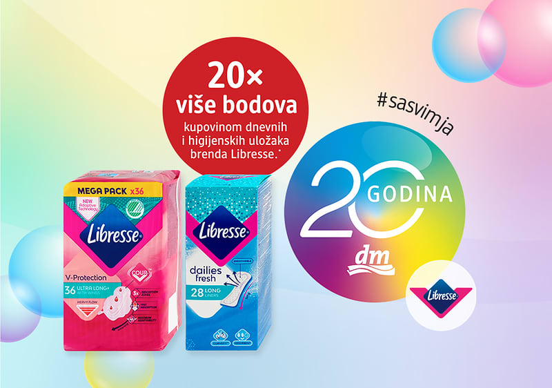 Higijenski ulošci Libresse u pakiranjima uz promotivni krug 20 godina dm