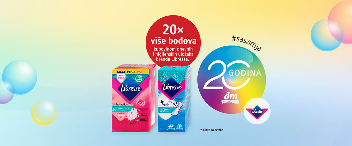Higijenski ulošci Libresse u pakiranjima uz promotivni krug 20 godina dm