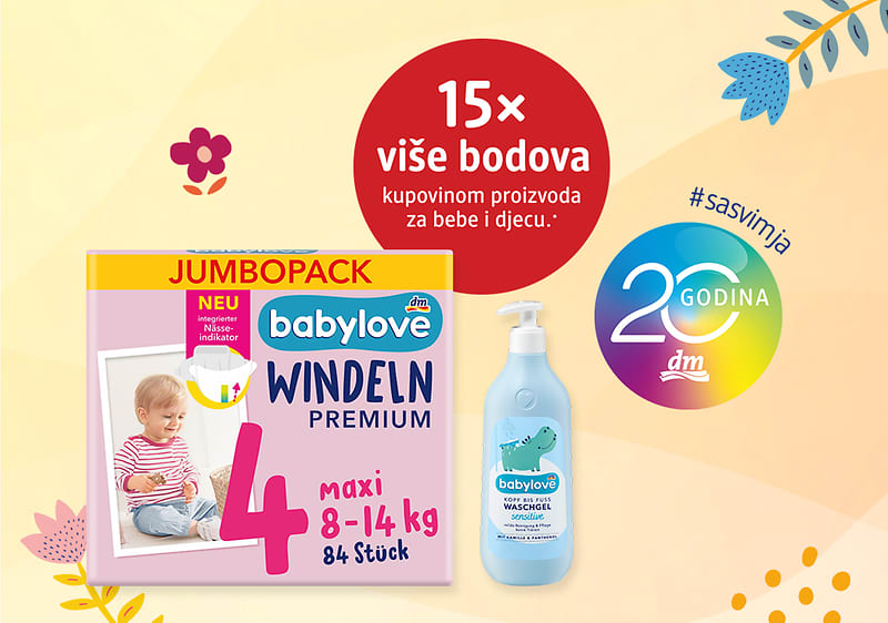 Pakovanje pelena babylove veličine 4 i bočica dječjeg gela na promotivnoj pozadini
